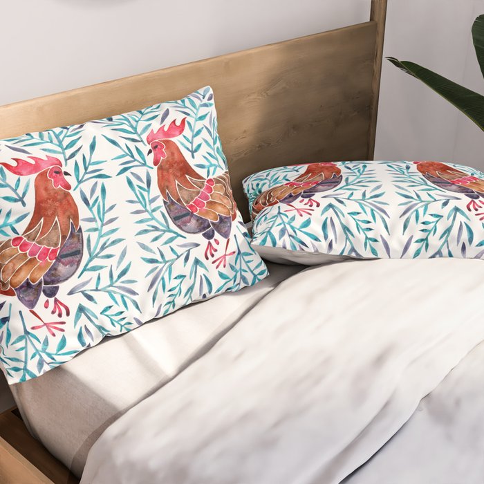 Le Coq - Watercolor Rooster with Turquoise Leaves Pillow Sham Gallery Image 2