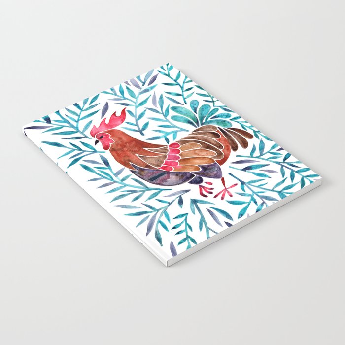 Le Coq - Watercolor Rooster with Turquoise Leaves Notebook Gallery Image 1
