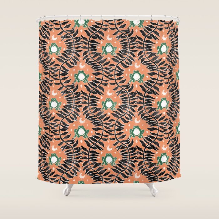 Froggie Ogee - papaya, green, and black Shower Curtain Gallery Image 1