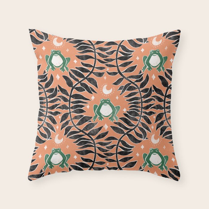Froggie Ogee - papaya, green, and black Throw Pillow Gallery Image 1
