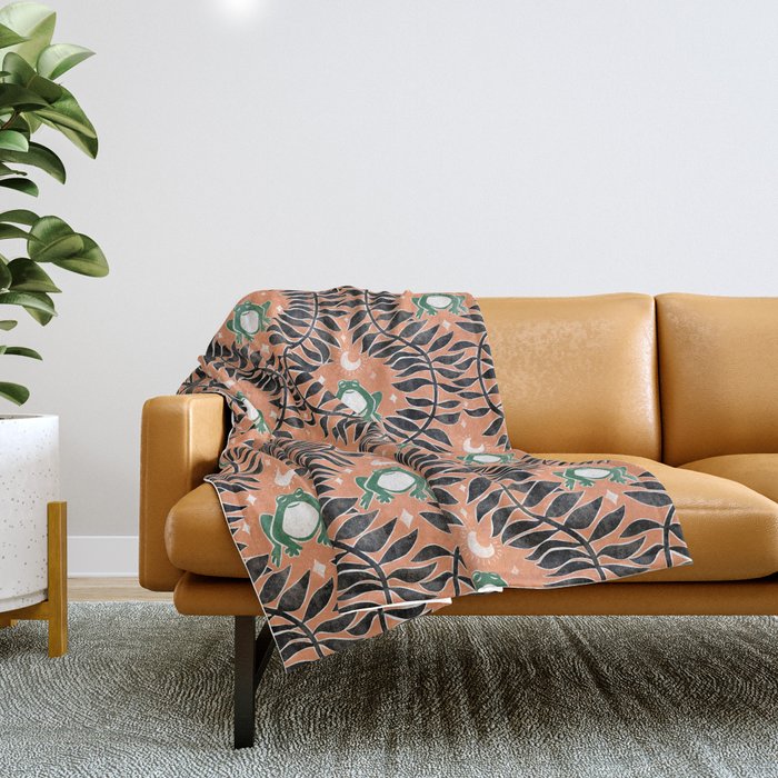 Froggie Ogee - papaya, green, and black Throw Blanket Gallery Image 1