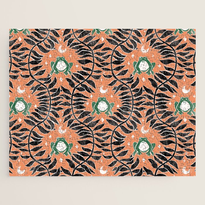 Froggie Ogee - papaya, green, and black Jigsaw Puzzle