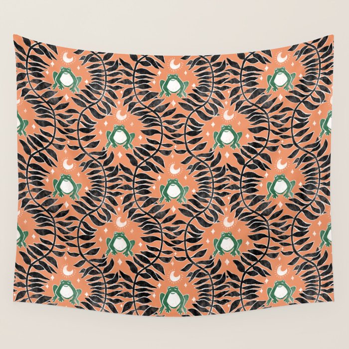 Froggie Ogee - papaya, green, and black Wall Tapestry Gallery Image 1