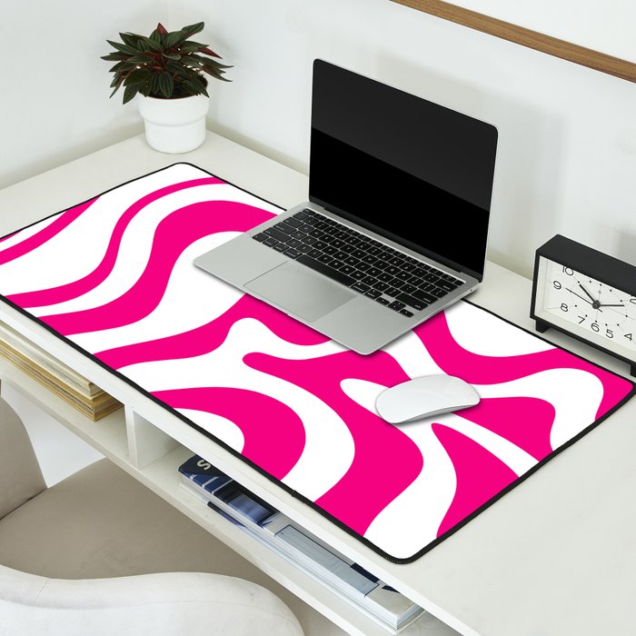 Retro Liquid Swirl Abstract Pattern in Y2K Hot Pink and White Desk Mat Gallery Image 2