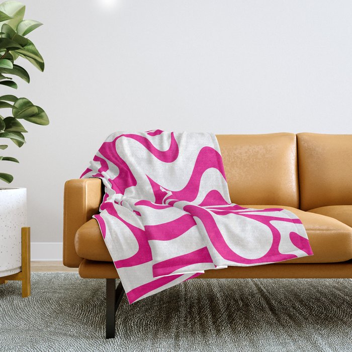 Retro Liquid Swirl Abstract Pattern in Y2K Hot Pink and White Throw Blanket Gallery Image 1
