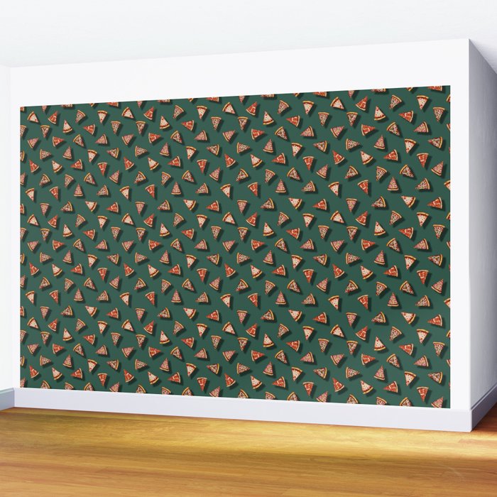 Pizza Party Pattern - Floating Pizza Slices on Teal Wall Mural Gallery Image 2