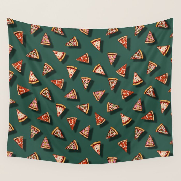 Pizza Party Pattern - Floating Pizza Slices on Teal Wall Tapestry Gallery Image 4