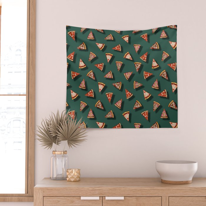 Pizza Party Pattern - Floating Pizza Slices on Teal Wall Tapestry Gallery Image 2