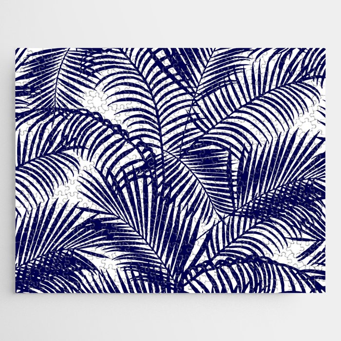 Modern blue white tropical palm trees pattern Jigsaw Puzzle Gallery Image 1