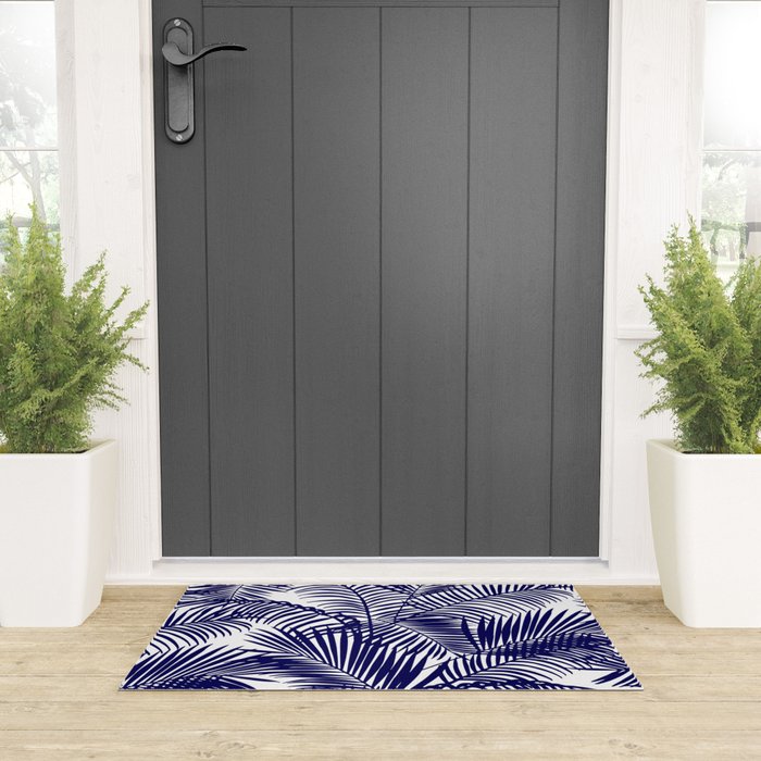 Modern blue white tropical palm trees pattern Welcome Mat Gallery Image 3