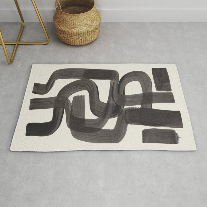 Black Ink Paint Brush Strokes Wiggles Mid Century Modern Rug Gallery Image 1