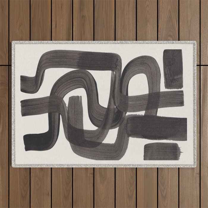 Black Ink Paint Brush Strokes Wiggles Mid Century Modern Outdoor Rug Gallery Image 1