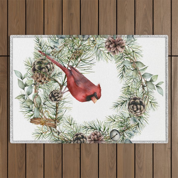 Cardinal Christmas Wreath, Floral Prints Outdoor Rug Gallery Image 1