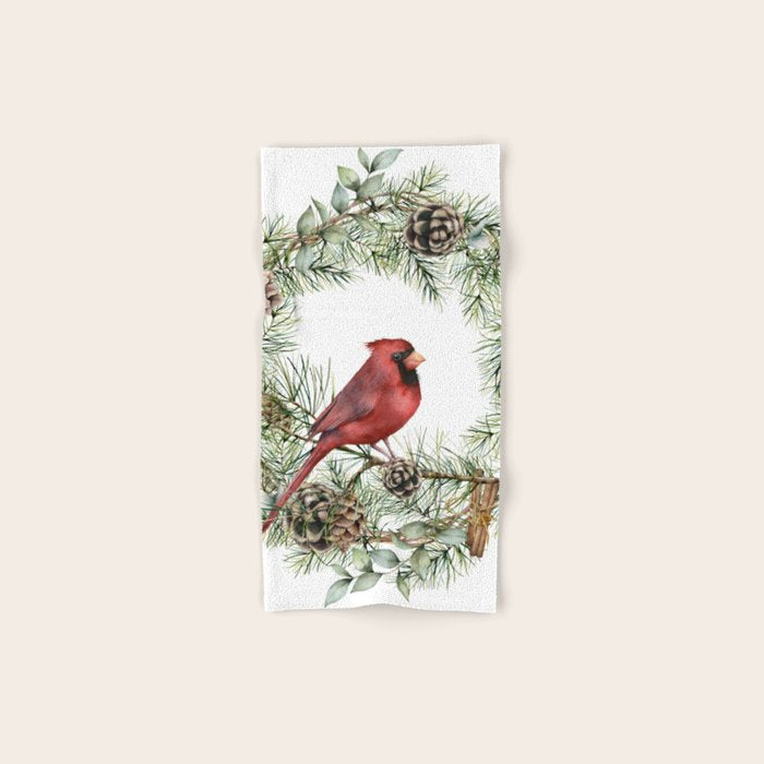 Cardinal Christmas Wreath, Floral Prints Bath Towel Gallery Image 1