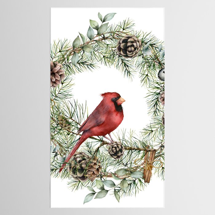 Cardinal Christmas Wreath, Floral Prints Tablecloth Gallery Image 2