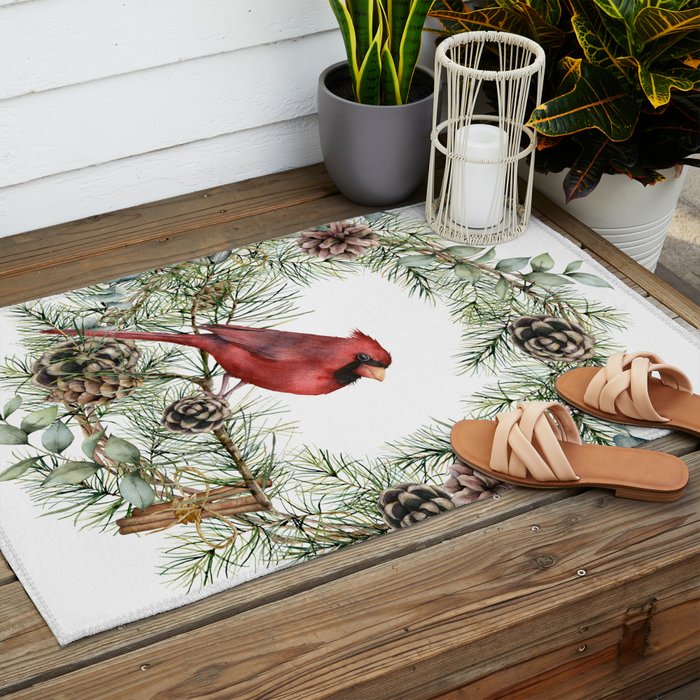 Cardinal Christmas Wreath, Floral Prints Outdoor Rug Gallery Image 2