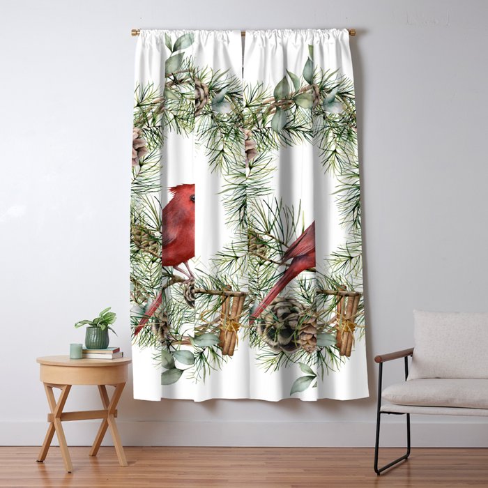 Cardinal Christmas Wreath, Floral Prints Window Curtain Gallery Image 5