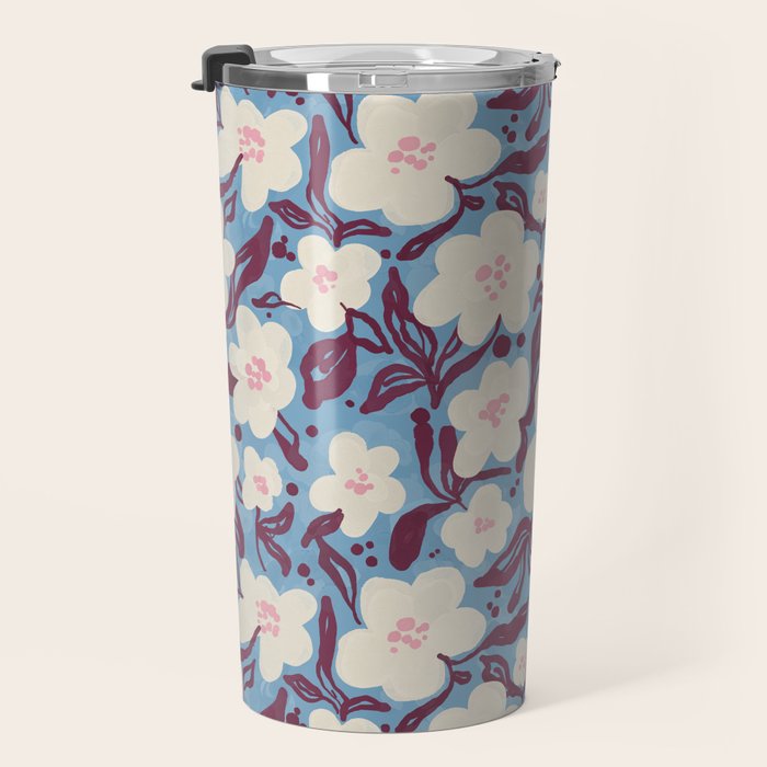 Cream Burgundy Blue Floral  Travel Mug Gallery Image 3
