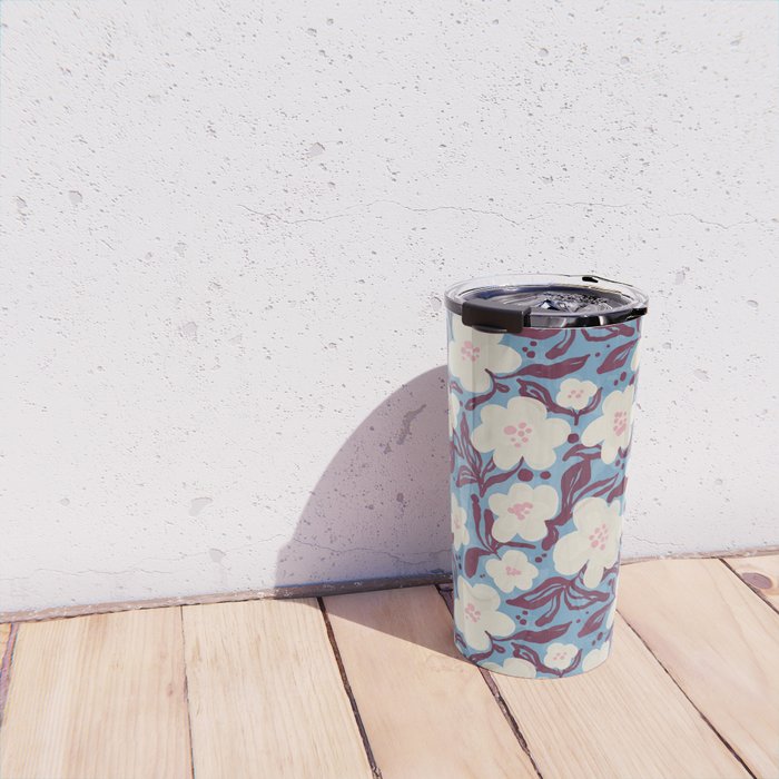 Cream Burgundy Blue Floral  Travel Mug Gallery Image 4