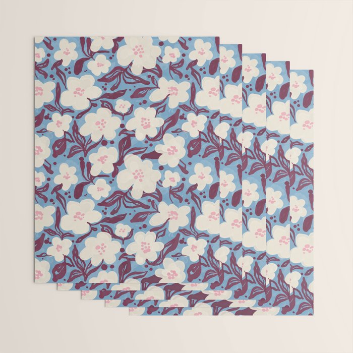 Cream Burgundy Blue Floral  Wrapping Paper Gallery Image 3