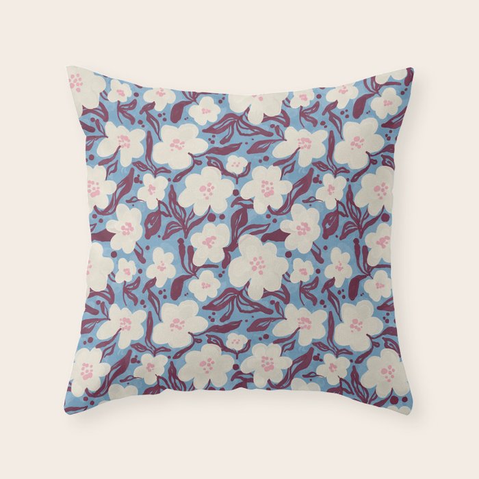 Cream Burgundy Blue Floral  Throw Pillow Gallery Image 6