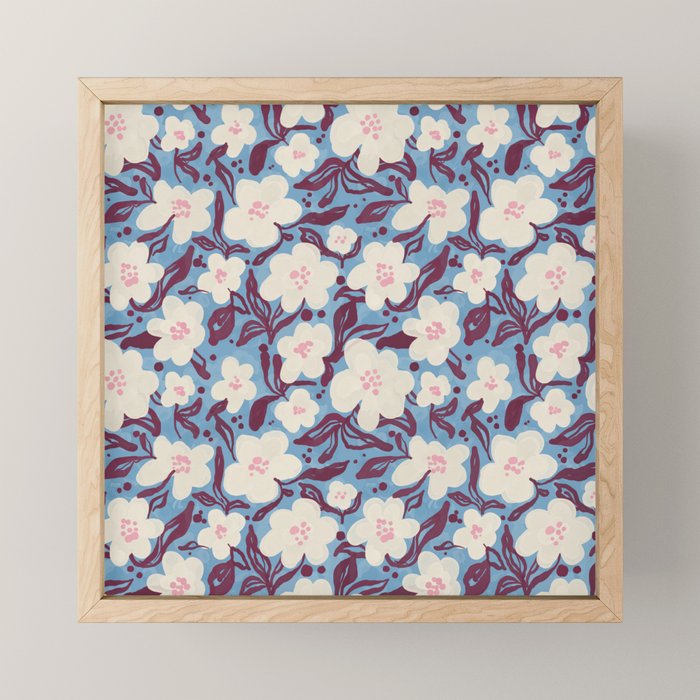 Cream Burgundy Blue Floral  Mini Art Print Gallery Image 1