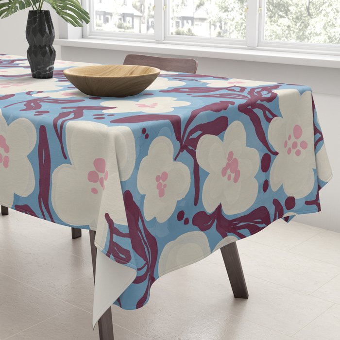 Cream Burgundy Blue Floral  Tablecloth Gallery Image 3