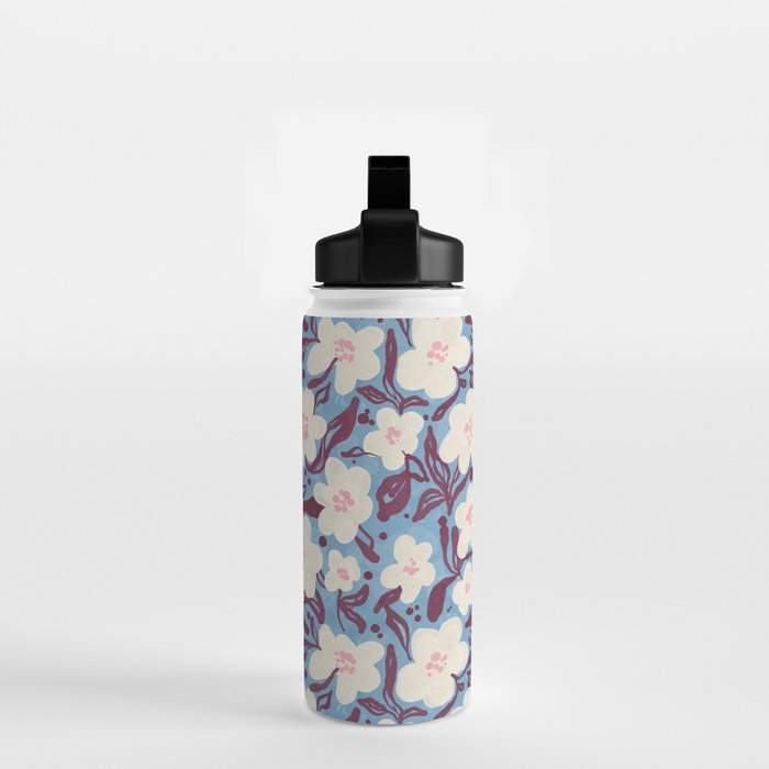Cream Burgundy Blue Floral  Water Bottle Gallery Image 2