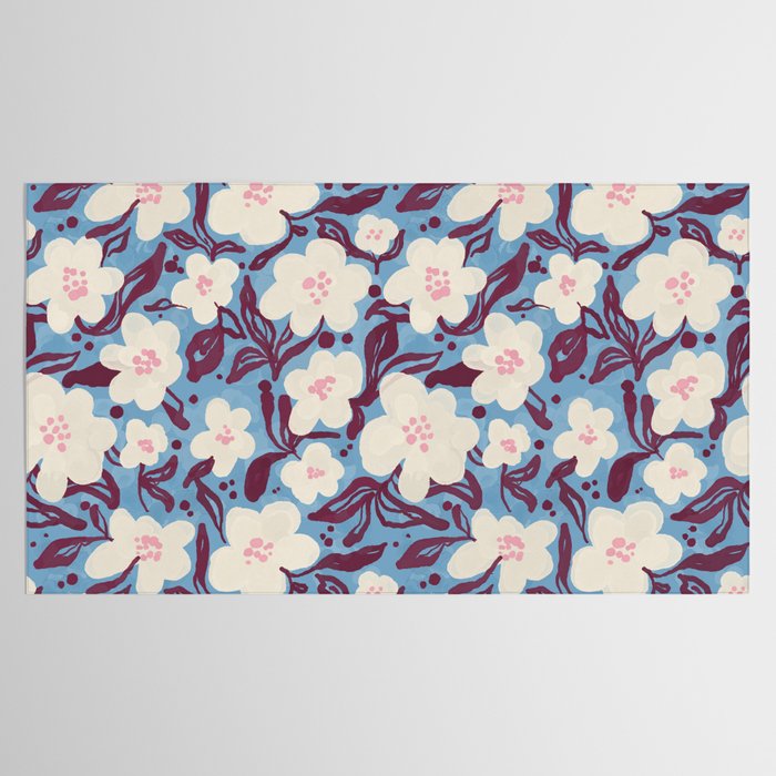 Cream Burgundy Blue Floral  Tablecloth Gallery Image 2