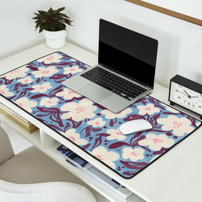 Cream Burgundy Blue Floral  Desk Mat Gallery Image 2