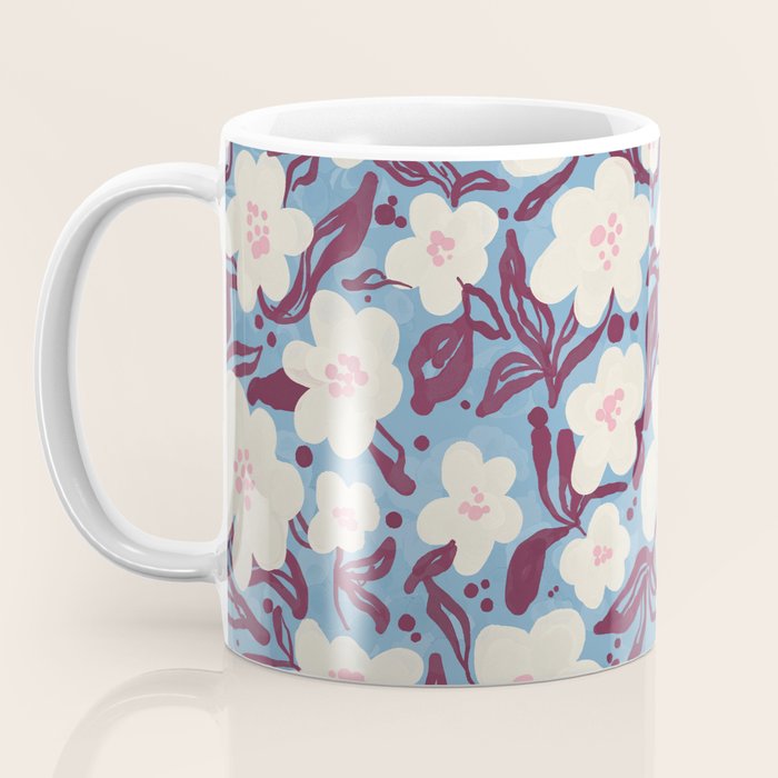 Cream Burgundy Blue Floral  Coffee Mug Gallery Image 3