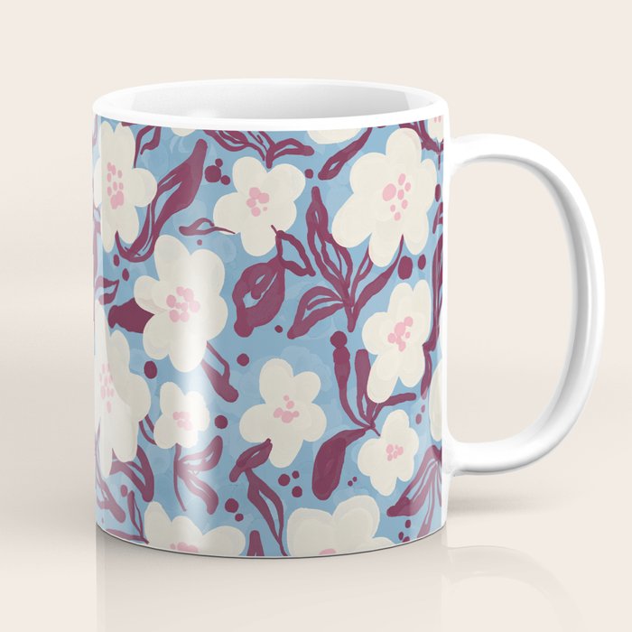 Cream Burgundy Blue Floral  Coffee Mug Gallery Image 1