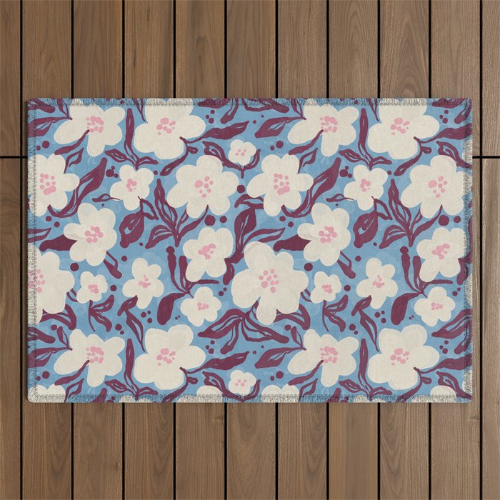Cream Burgundy Blue Floral  Outdoor Rug Gallery Image 1
