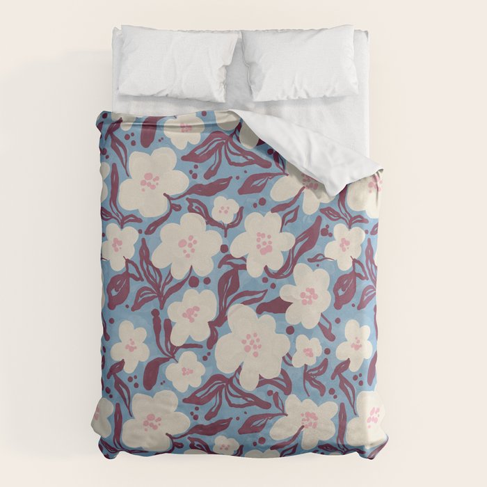 Cream Burgundy Blue Floral  Duvet Cover Gallery Image 6