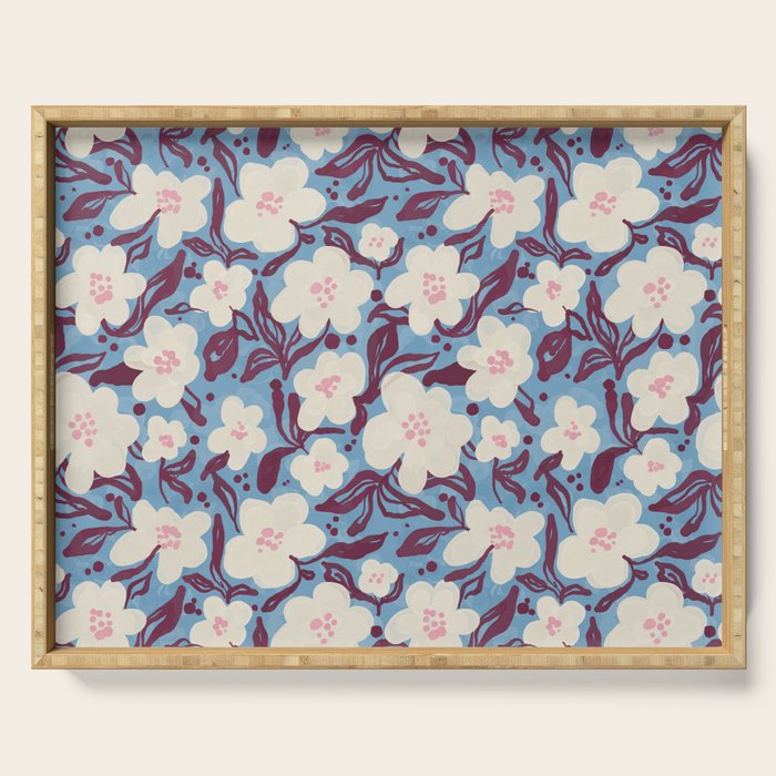 Cream Burgundy Blue Floral  Serving Tray Gallery Image 1