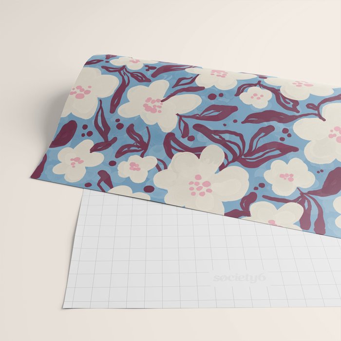 Cream Burgundy Blue Floral  Wrapping Paper Gallery Image 2