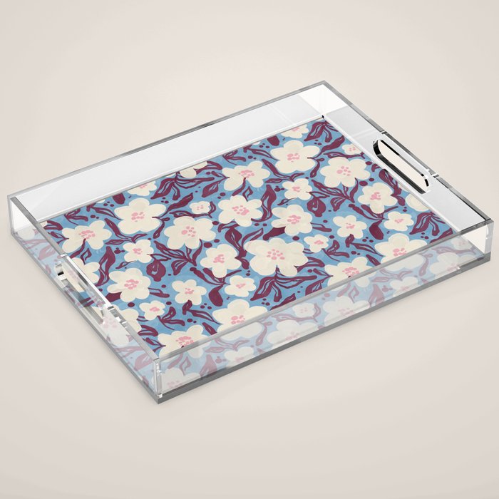 Cream Burgundy Blue Floral  Acrylic Tray Gallery Image 1