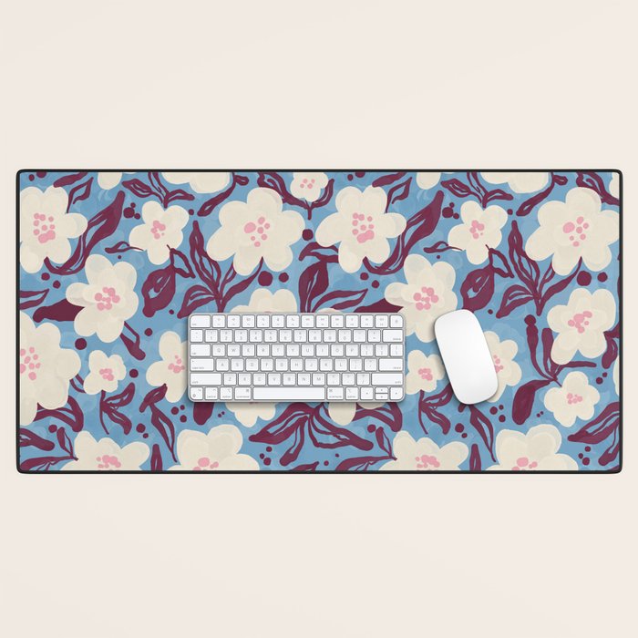 Cream Burgundy Blue Floral  Desk Mat Gallery Image 1