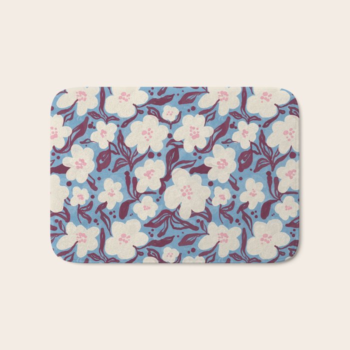 Cream Burgundy Blue Floral  Bath Mat Gallery Image 1