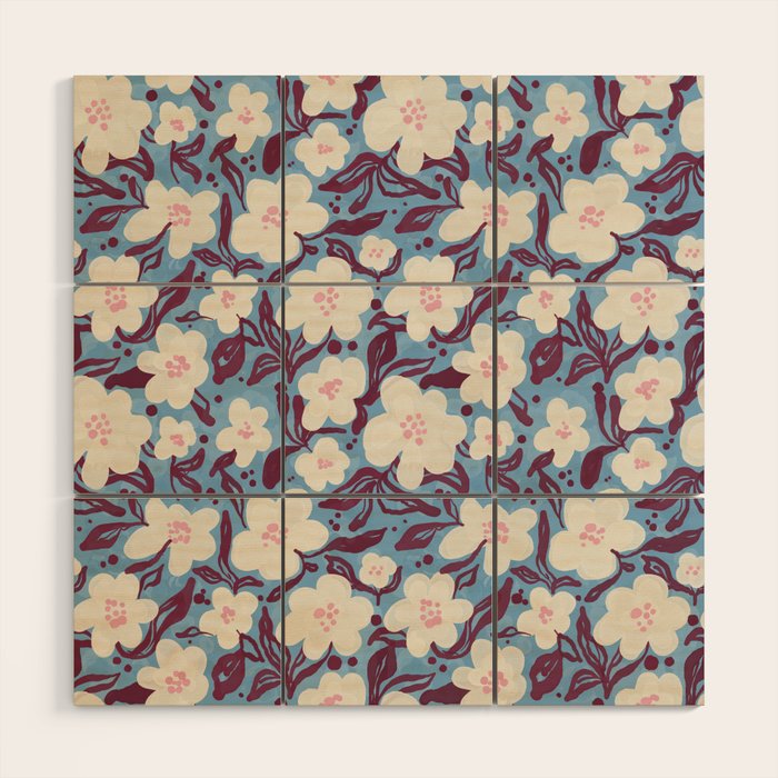 Cream Burgundy Blue Floral  Wood Wall Art Gallery Image 1