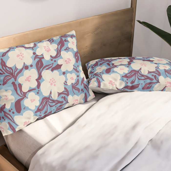 Cream Burgundy Blue Floral  Pillow Sham Gallery Image 2