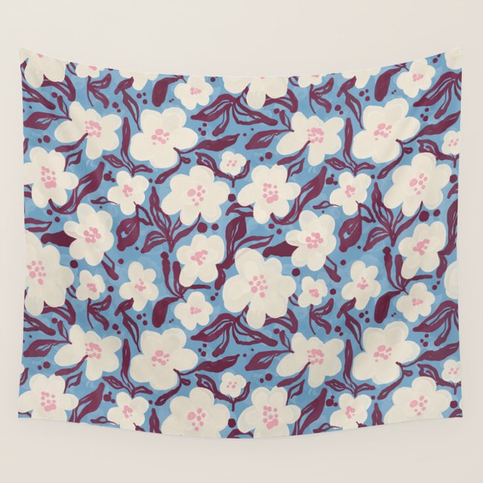 Cream Burgundy Blue Floral  Wall Tapestry Gallery Image 4