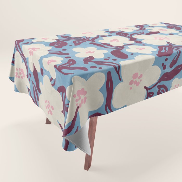 Cream Burgundy Blue Floral  Tablecloth Gallery Image 1