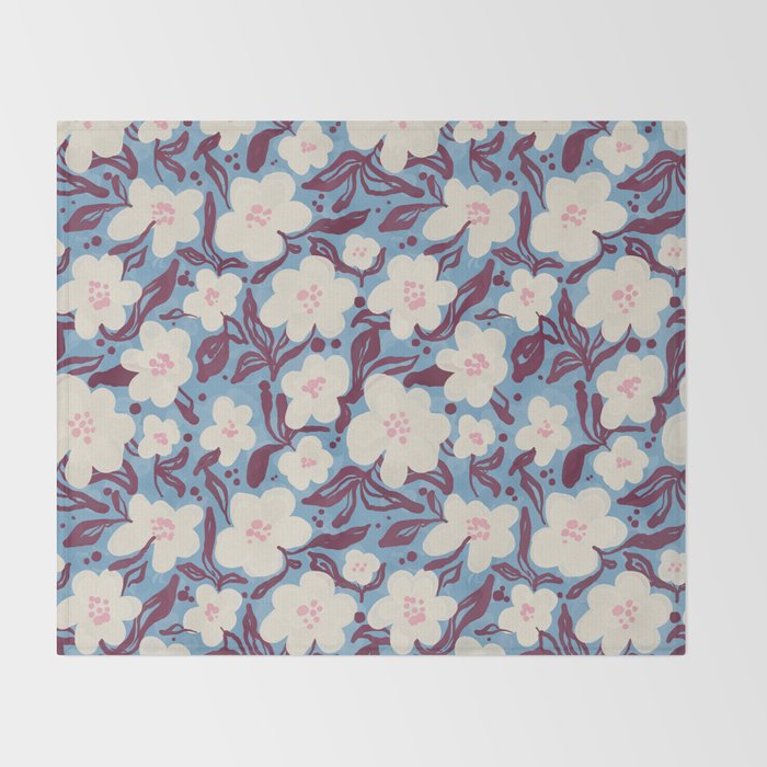 Cream Burgundy Blue Floral  Throw Blanket Gallery Image 2