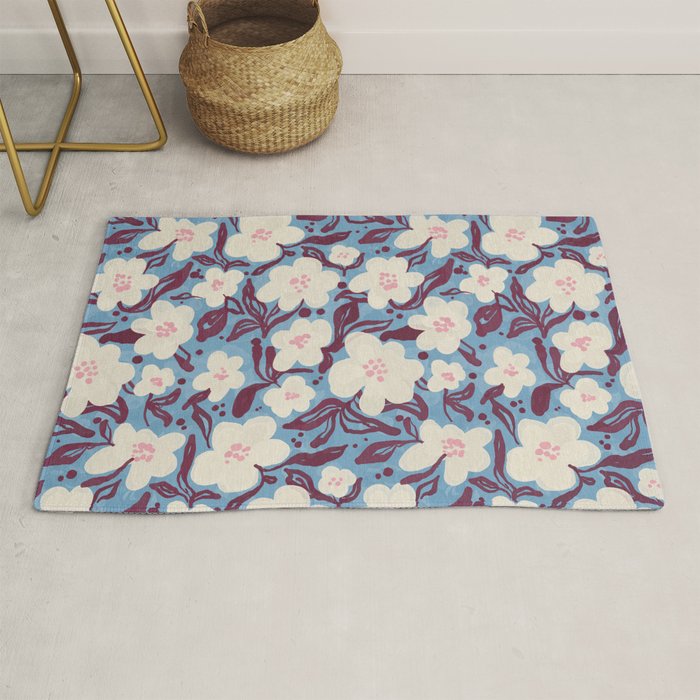 Cream Burgundy Blue Floral  Rug Gallery Image 1