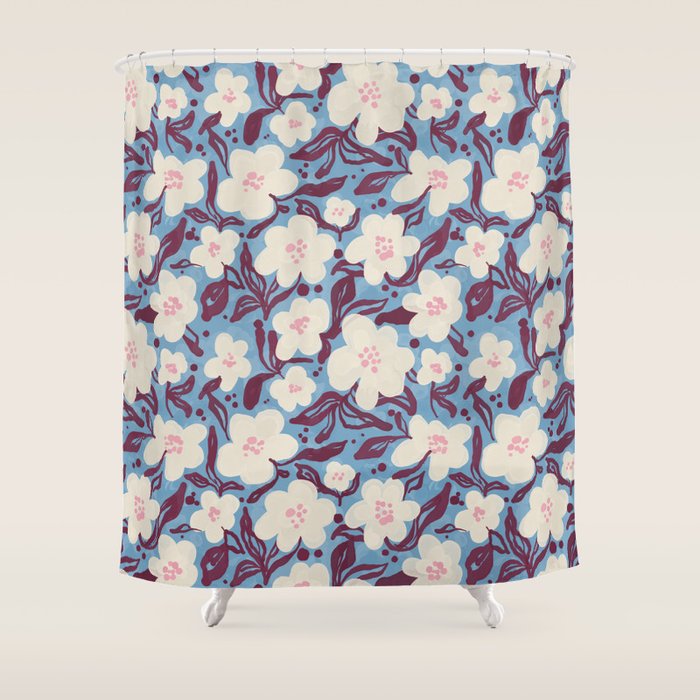 Cream Burgundy Blue Floral  Shower Curtain Gallery Image 1
