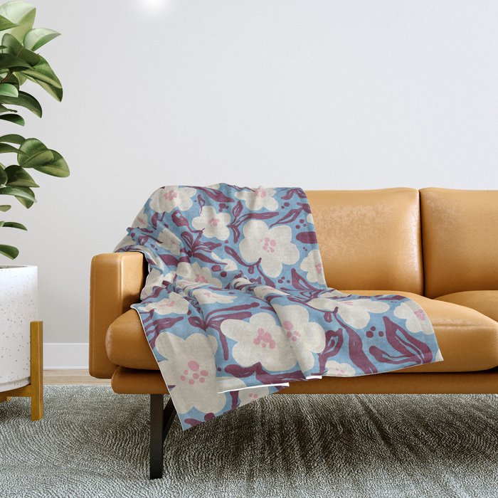 Cream Burgundy Blue Floral  Throw Blanket Gallery Image 1