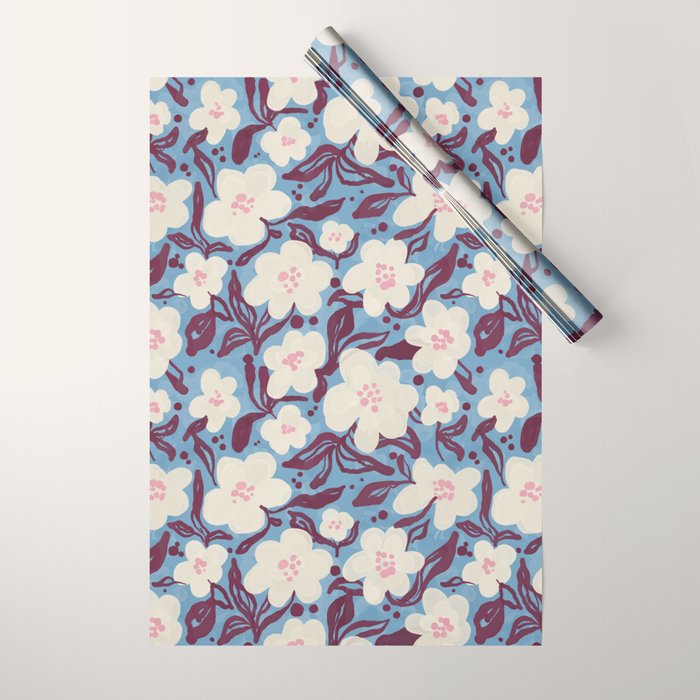 Cream Burgundy Blue Floral  Wrapping Paper Gallery Image 1