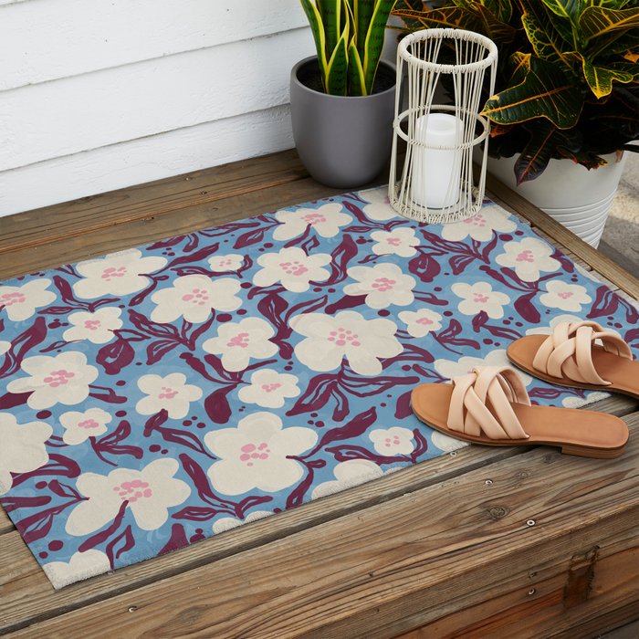 Cream Burgundy Blue Floral  Outdoor Rug Gallery Image 2