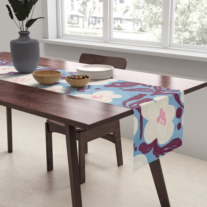 Cream Burgundy Blue Floral  Table Runner Gallery Image 2